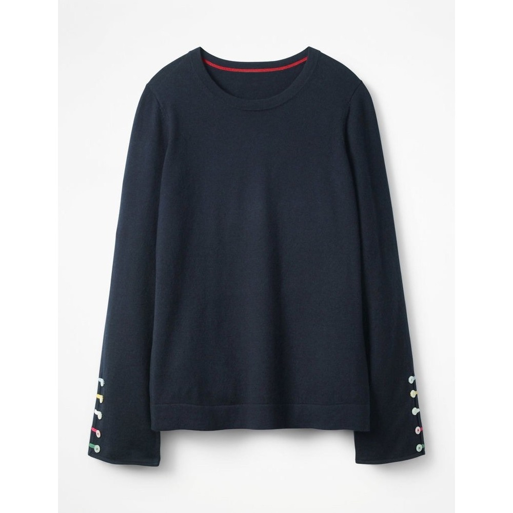 Boden Navy Crewneck Sweater with Multicolor Button Detail